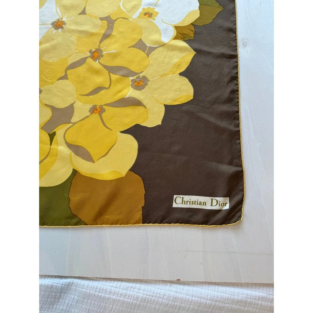 VTG Christian Dior Vintage Silk Scarf Floral Brown Yellow Hand Rolled 30